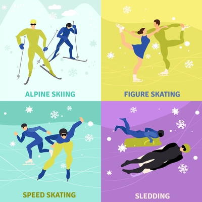 Winter sports 2x2 design concept with sledding alpine skiing speed and figure skating square icons flat vector illustration