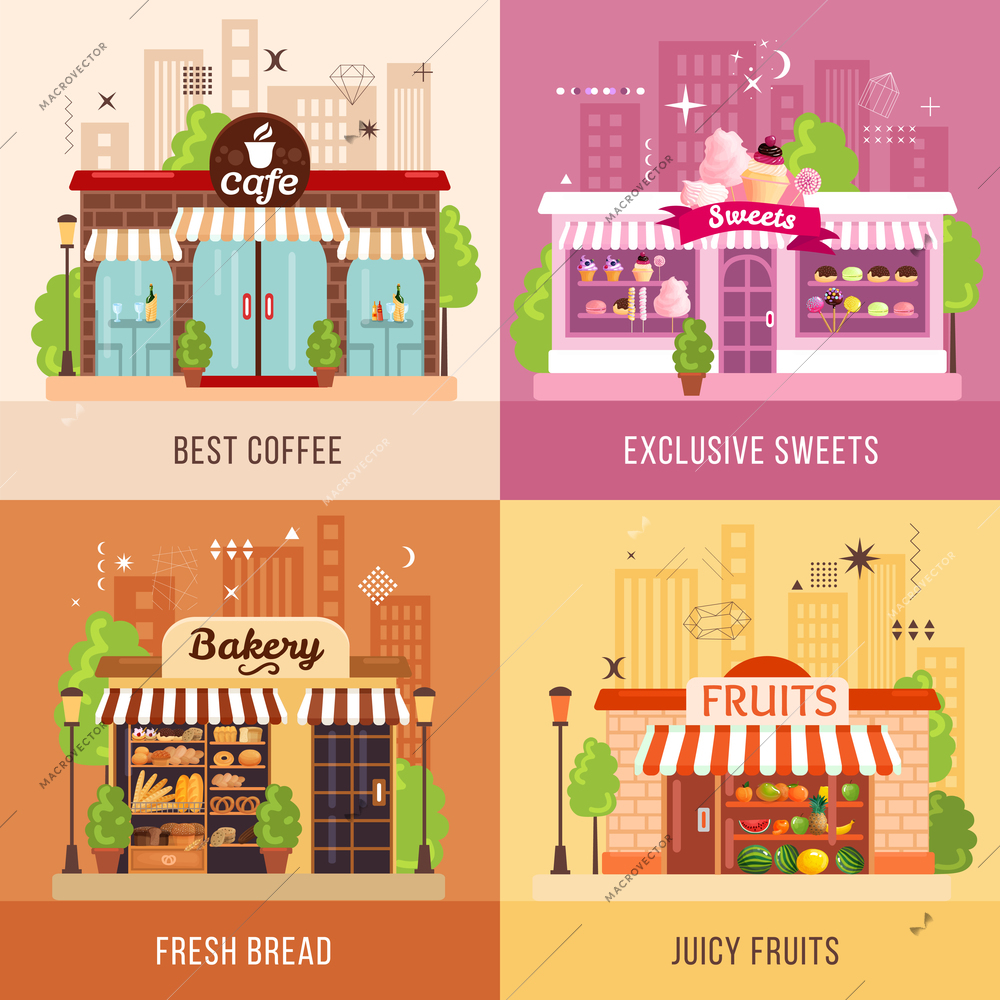 Stores facades 2x2 design concept set of exclusive sweets fresh bread juicy fruits and best coffee square icons vector illustration