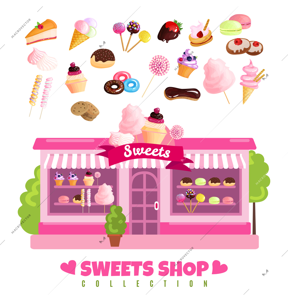 Sweets shop collection design concept with storefront and baked dessert products set isolated vector illustration