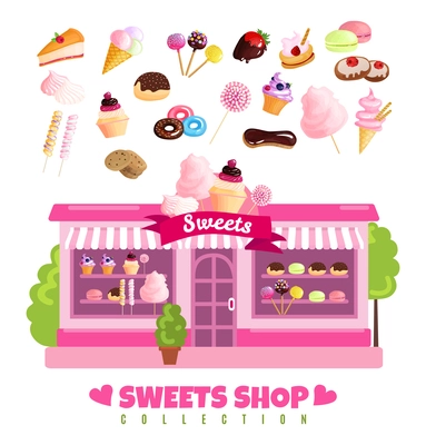 Sweets shop collection design concept with storefront and baked dessert products set isolated vector illustration