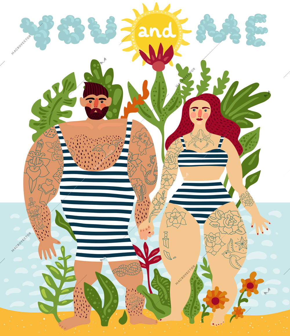 Tattooed couple cartoon poster in comic style with man and woman swimsuit and tattoos all over body flat vector illustration