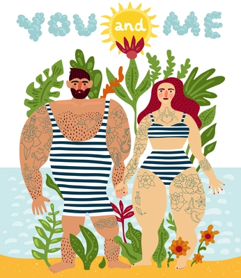 Tattooed couple cartoon poster in comic style with man and woman swimsuit and tattoos all over body flat vector illustration