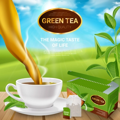 Poster with realistic tea leaves and cup with drink, packaging and teabag on wooden table vector illustration