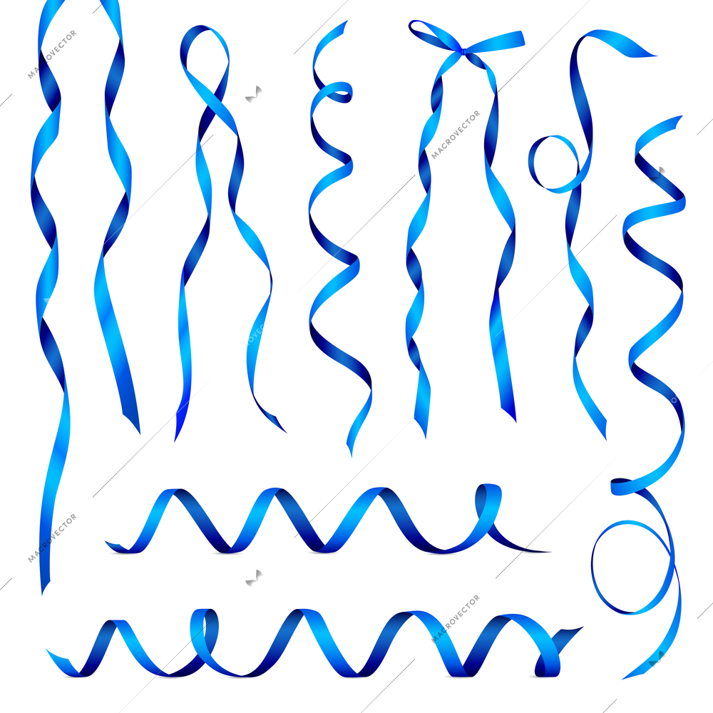 Set of realistic blue glossy ribbons bent in various positions isolated on white background vector illustration