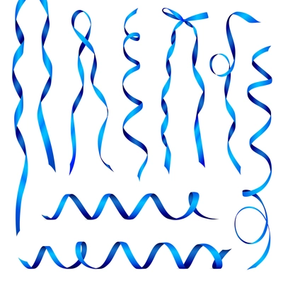 Set of realistic blue glossy ribbons bent in various positions isolated on white background vector illustration