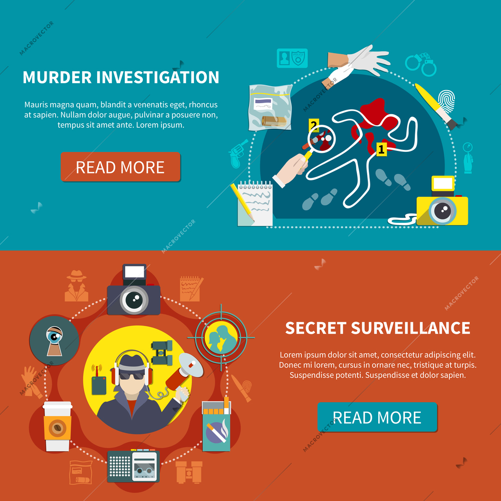 Two detective banner set with murder investigation secret surveillance and read more buttons vector illustration