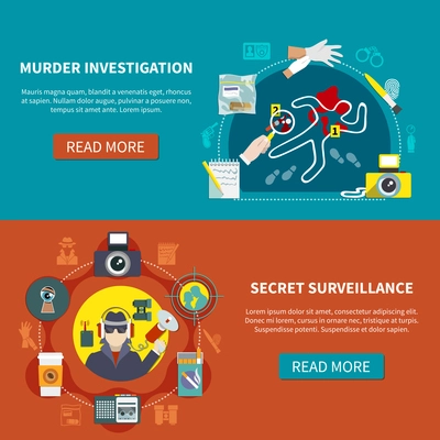 Two detective banner set with murder investigation secret surveillance and read more buttons vector illustration