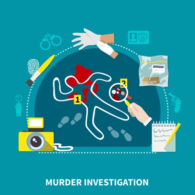 Colored detective flat composition with murder investigation description and crime scene vector illustration