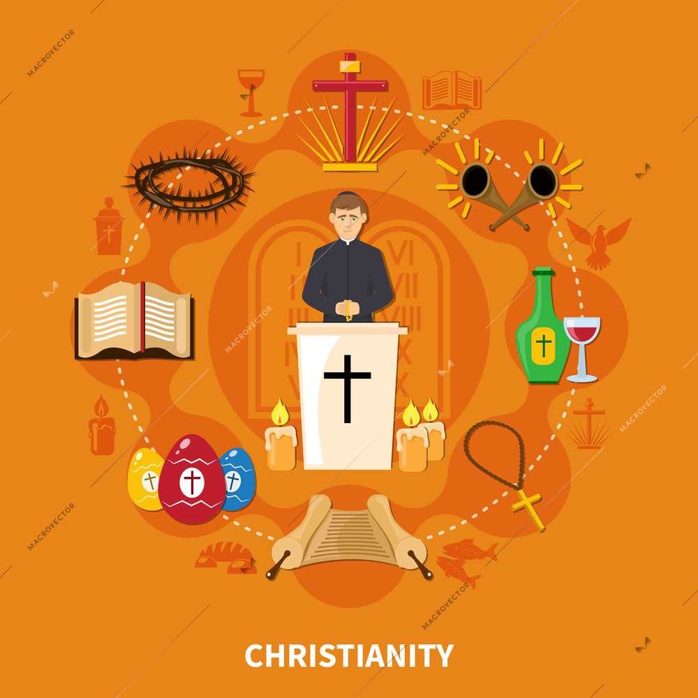 Religions flat composition with Christianity and important elements of this religion vector illustration