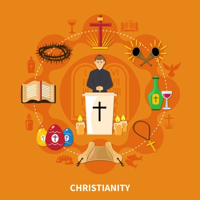 Religions flat composition with Christianity and important elements of this religion vector illustration