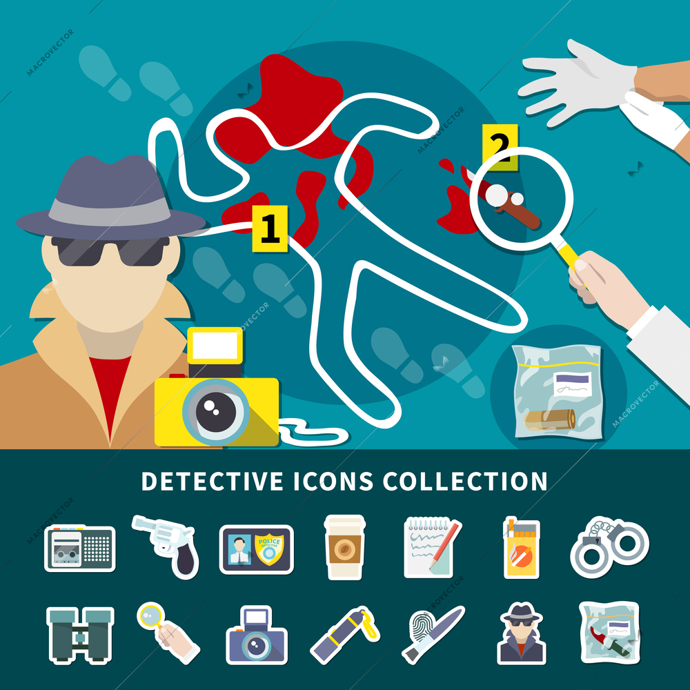 Detective icon set with icon collection with secret surveillance murder investigation and crime scene vector illustration