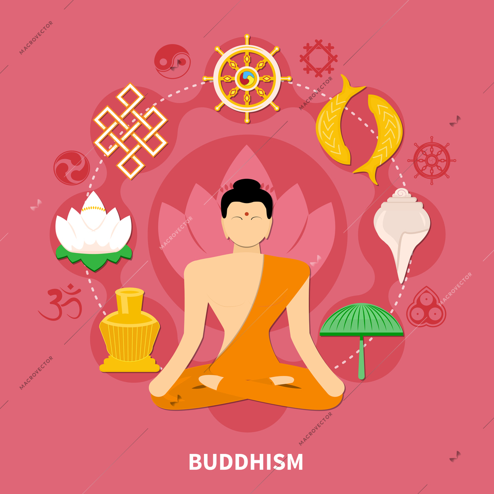 Religions flat and colored composition with Buddhism main features of the religion vector illustration