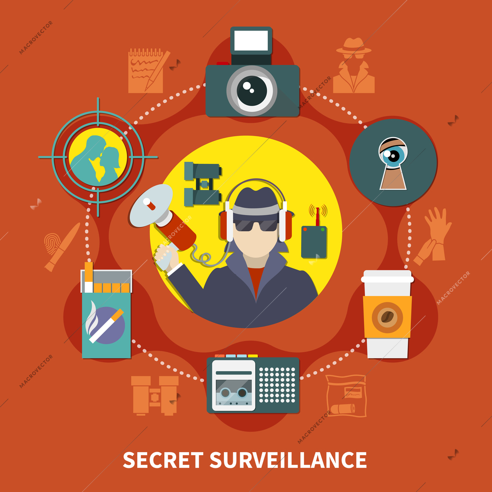 Flat detective composition with secret surveillance description and detective work tools vector illustration