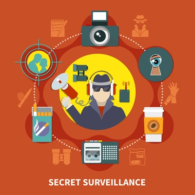 Flat detective composition with secret surveillance description and detective work tools vector illustration