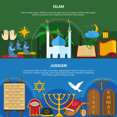 Two flat and horizontal religions flyer set or banners with islam and Judaism descriptions vector illustration