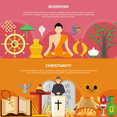 Two horizontal religions flat flyer or banner set about buddhism and Christianity vector illustration