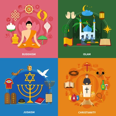 Four squares religions icon set with buddhism islam Judaism and Christianity descriptions vector illustration