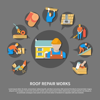 Roofer flat flyer with roof repair works description and colored colored icon set vector illustration