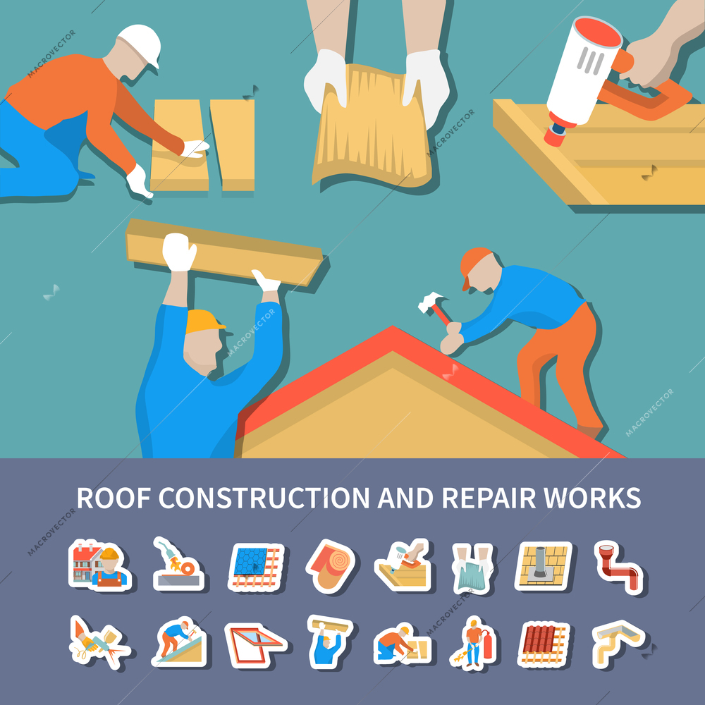 Roofer flat and colored composition with roof construction and repair works description vector illustration