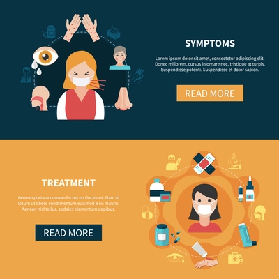 Various symptoms of allergy and its treatment horizontal banners set on colorful backgrounds flat isolated vector illustration