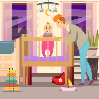 Father near son standing in cot in kid room during parental leave orthogonal background vector illustration