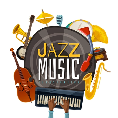 Jazz music composition from musical instruments including phonograph, saxophone, cello, piano, banjo, trumpet and tambourine vector illustration