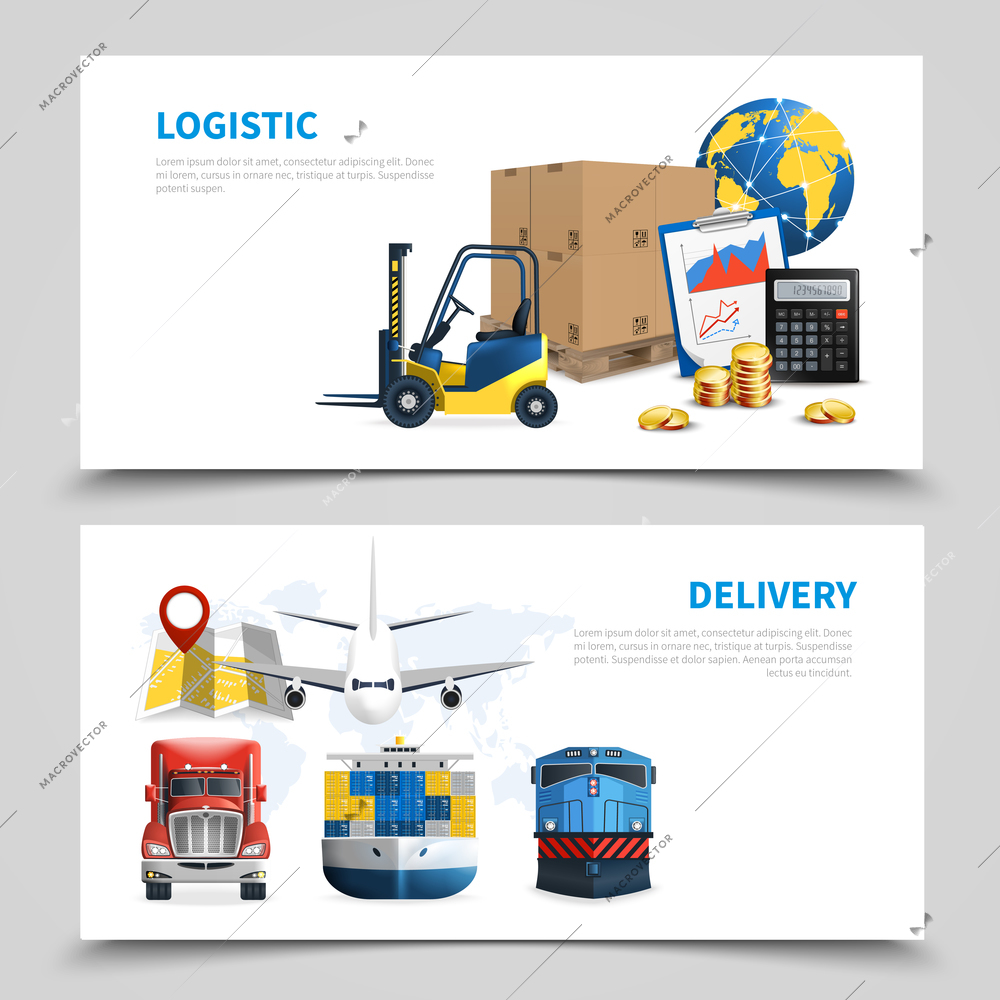 Two horizontal colored logistic banner set with logistic and delivery descriptions on white background vector illustration