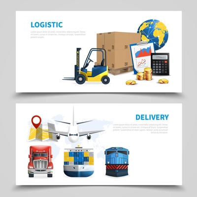 Two horizontal colored logistic banner set with logistic and delivery descriptions on white background vector illustration