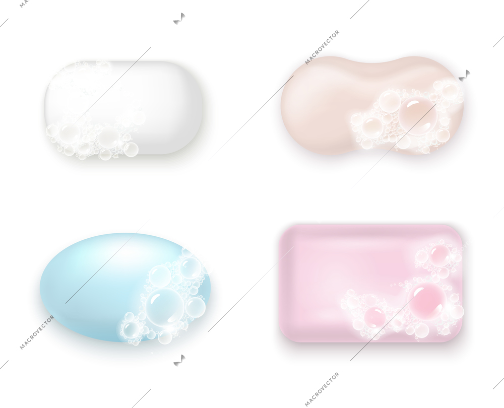 Soap color bars realistic set with bubbles isolated vector illustration