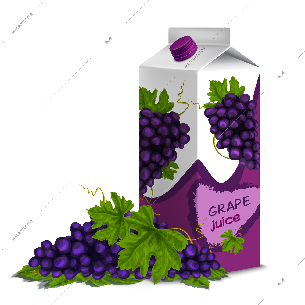 Juice drink carton box pack 3d with grape branch isolated on white background vector illustration