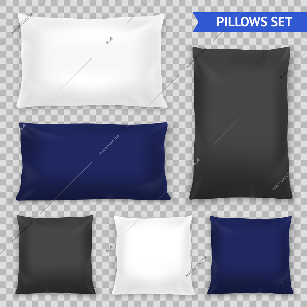 Realistic bedroom pillows various shapes and sizes set in white blue black top view transparent vector illustration