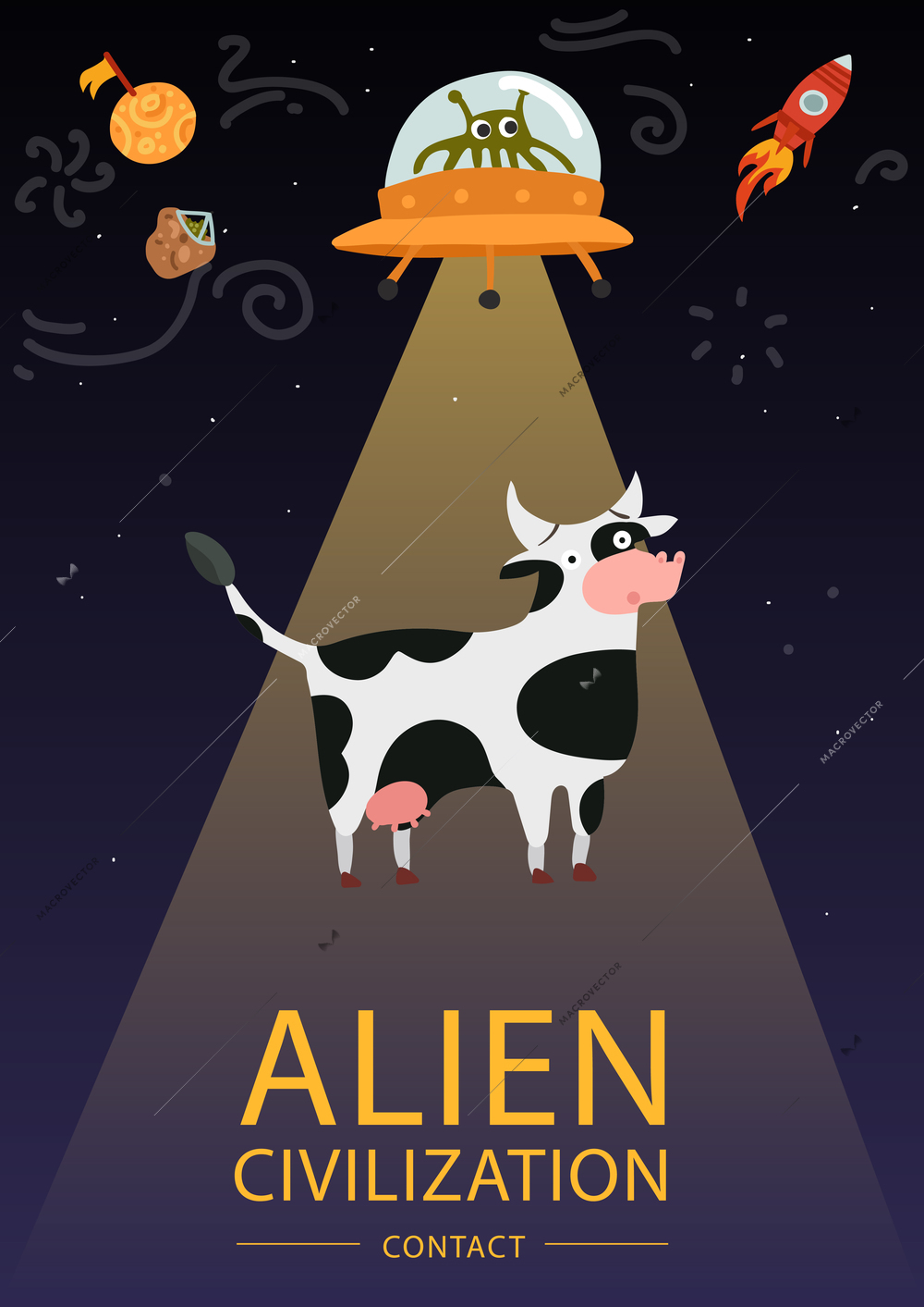 Flat design funny poster with alien flying saucer and cow vector illustration