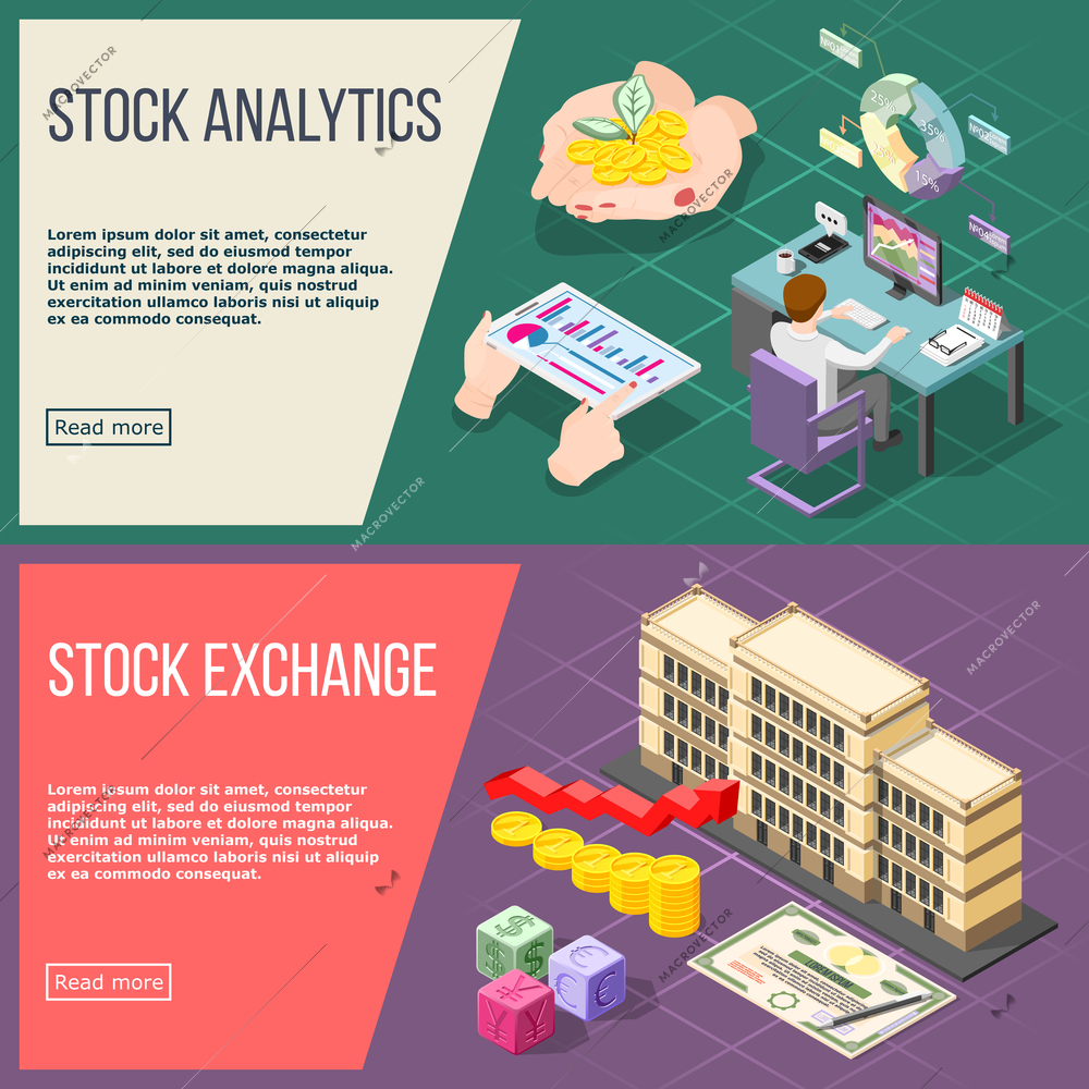 Stock analysis and stock exchange horizontal banners with working broker and exchange building isometric compositions vector illustration