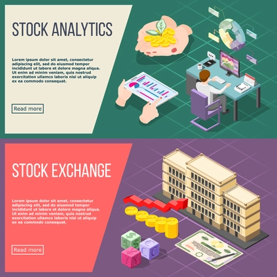 Stock analysis and stock exchange horizontal banners with working broker and exchange building isometric compositions vector illustration