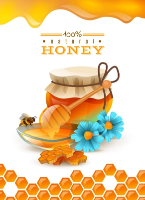 Natural honey ad poster with bee, honeycombs, flowers, saucer and jar with product, hexagon ornament vector illustration