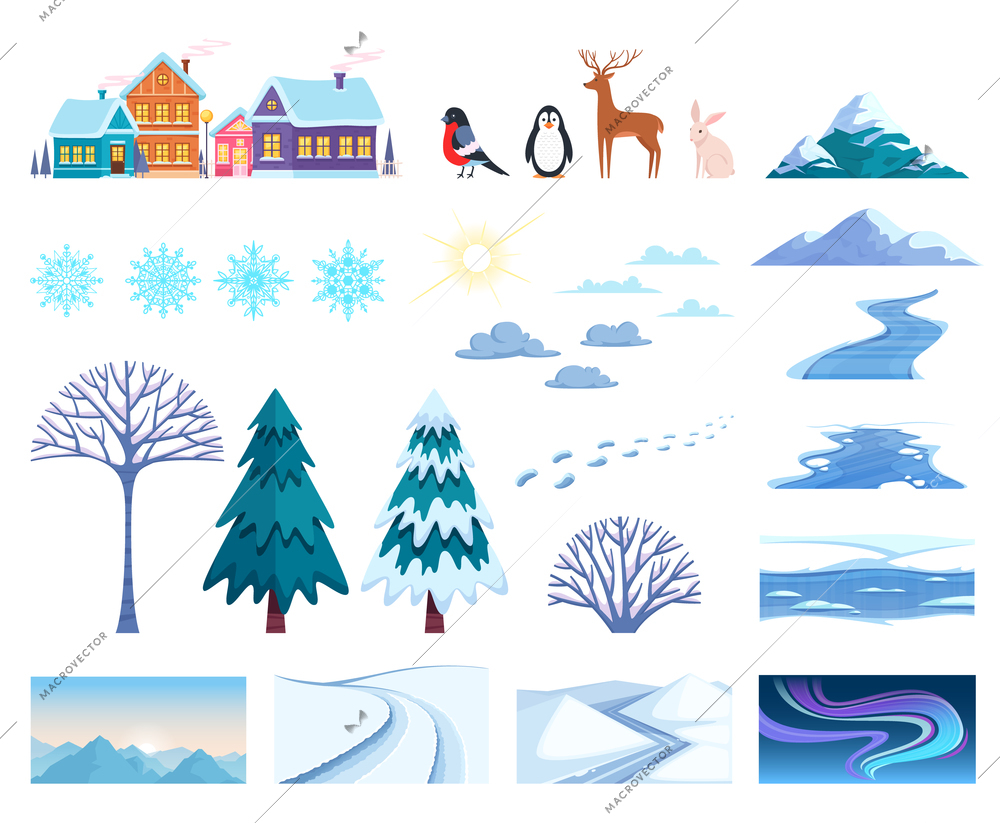 Winter landscape elements set with houses trees and snow isolated flat vector illustration