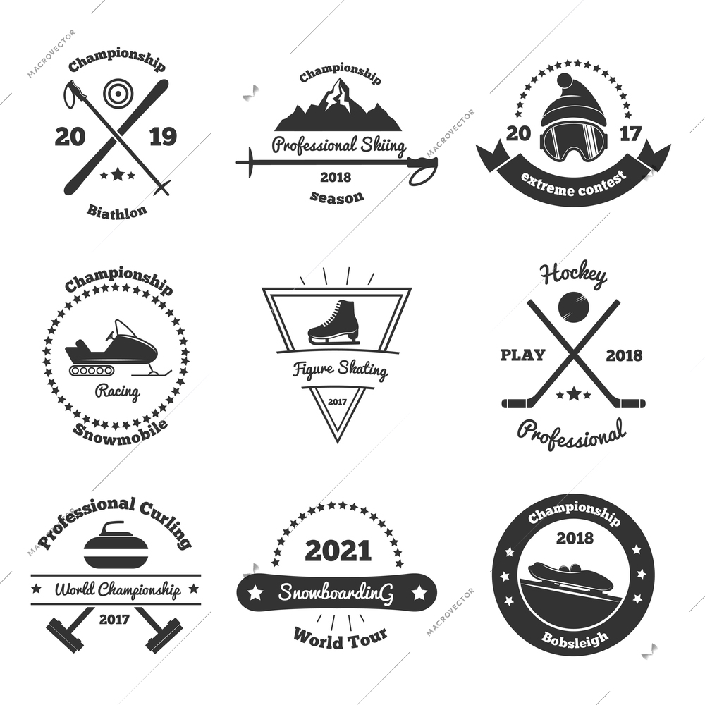 Winter sports monochrome emblems of competitions with skiing, hockey, figure skating, snowboarding, biathlon, curling isolated vector illustration