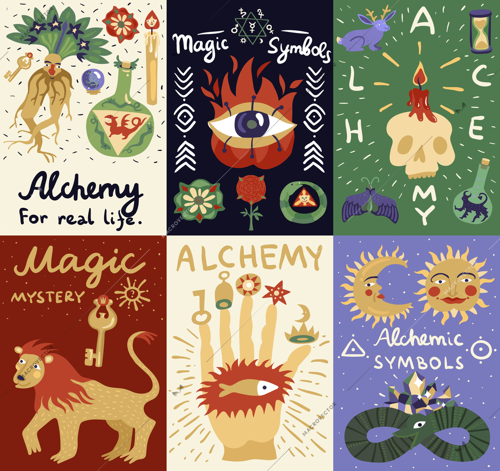 Colorful alchemy doodle cards with different magic and alchemic symbols isolated vector illustration