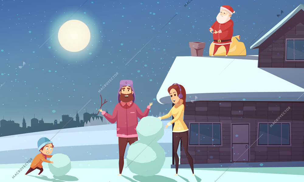 Happy family making snowman at christmas night and santa claus standing on roof near chimney cartoon vector illustration