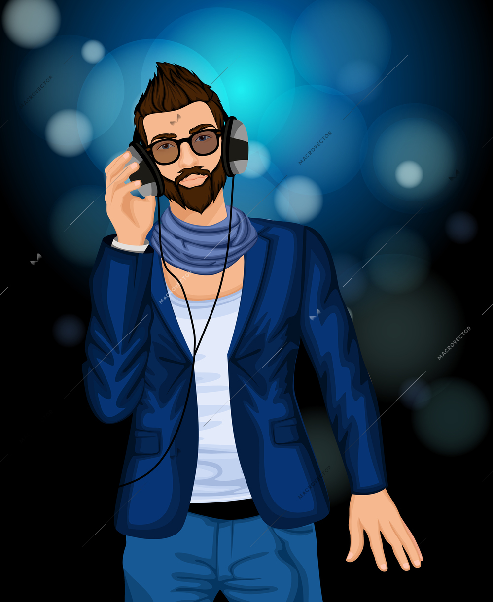 Handsome sexy young hipster guy with sunglasses listening music in headphones vector illustration