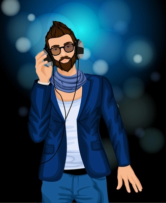 Handsome sexy young hipster guy with sunglasses listening music in headphones vector illustration
