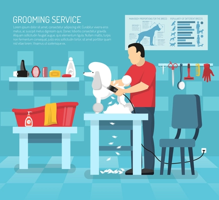 Grooming service illustration with view of room interior with bath tub puddle dog and animal hairdresser vector illustration