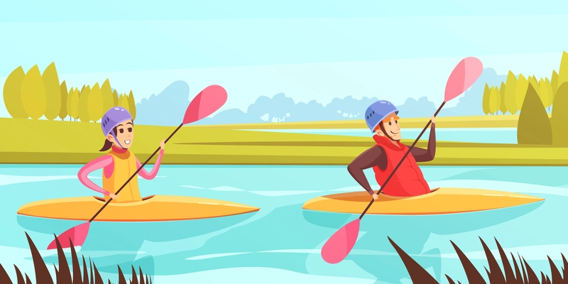 Two people doing water sports in rowing boats on river cartoon vector illustration