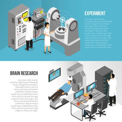 Isometric scientific laboratory horizontal banners set with text and compositions of scientist characters and medical equipment vector illustration