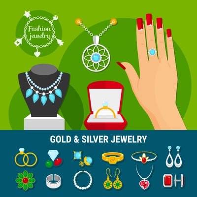 Collection of jewelry icons with fashion gold and silver rings, earrings, brooch, studs, bangles isolated vector illustration