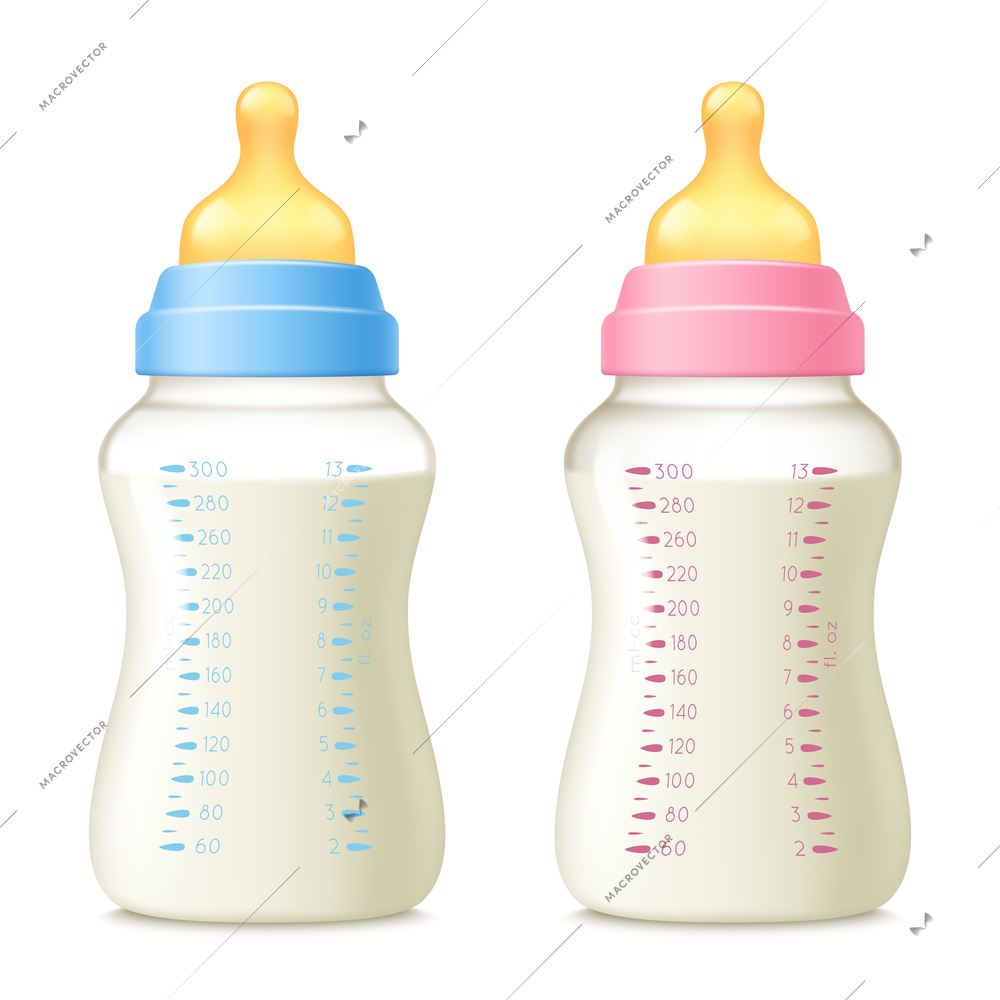 Realistic baby bottle milk set of two isolated suck bottle realistic images with beaker and shadows vector illustration