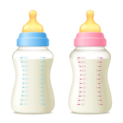 Realistic baby bottle milk set of two isolated suck bottle realistic images with beaker and shadows vector illustration