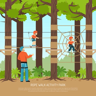 Rope walk activity children park composition with view of forest playground with children and adult couch vector illustration