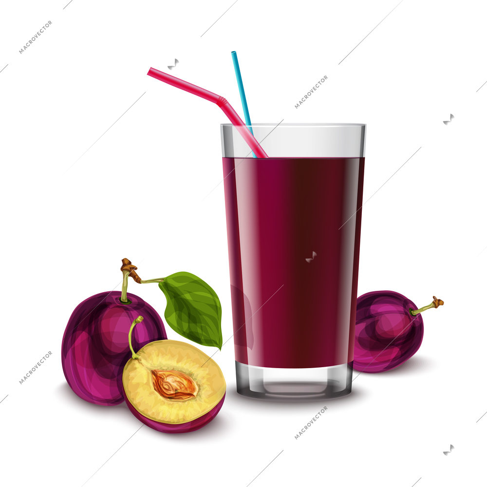 Realistic glass full of juice drink with cocktail straw and plum isolated on white background vector illustration