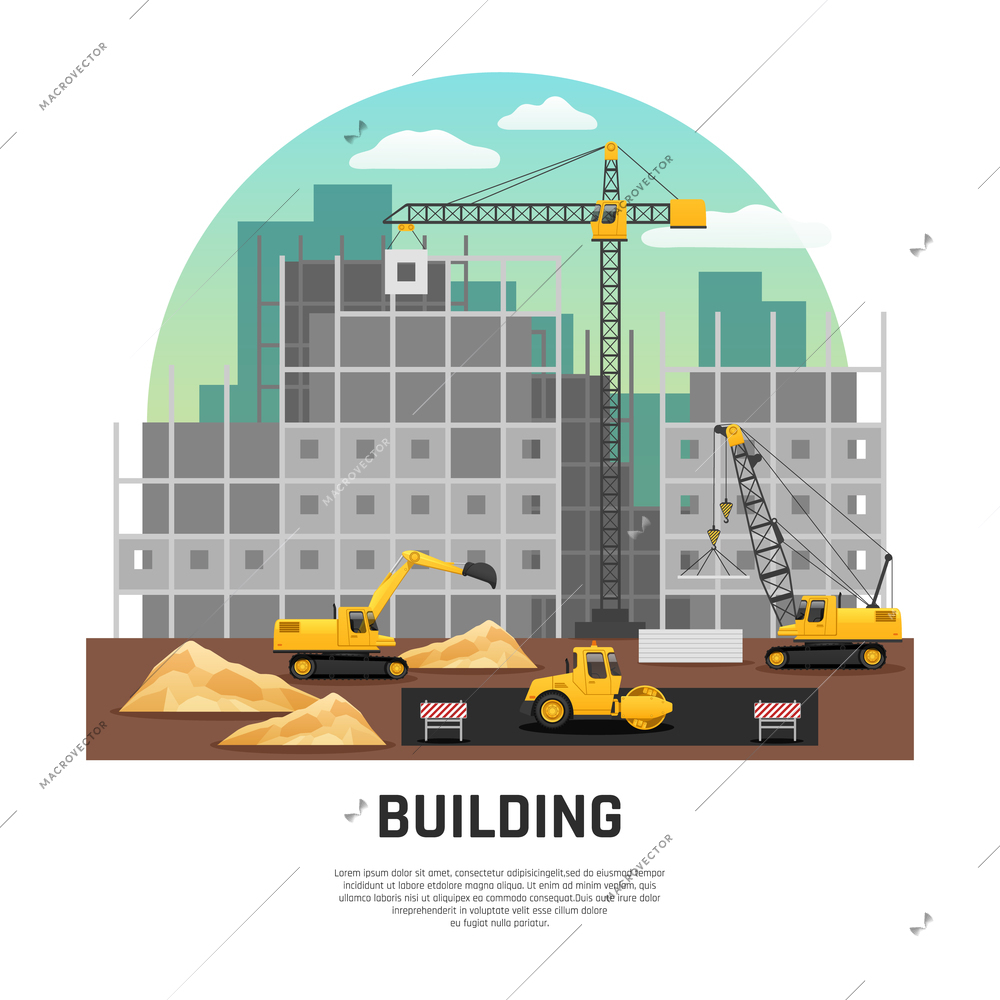 Modern building construction site with cranes and excavator machinery at work flat half-rond composition vector illustration